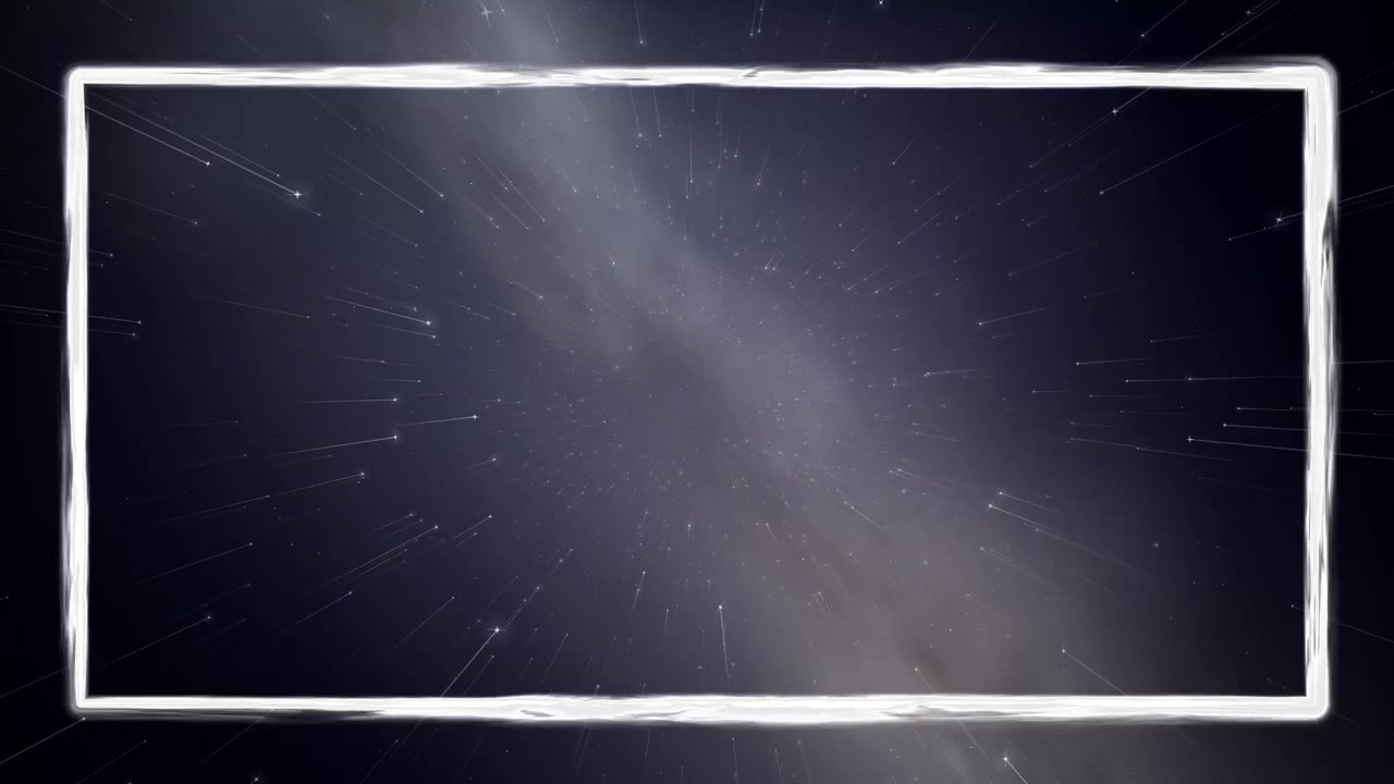 A glowing white rectangular frame overlays a motion graphic of stars drifting through space.