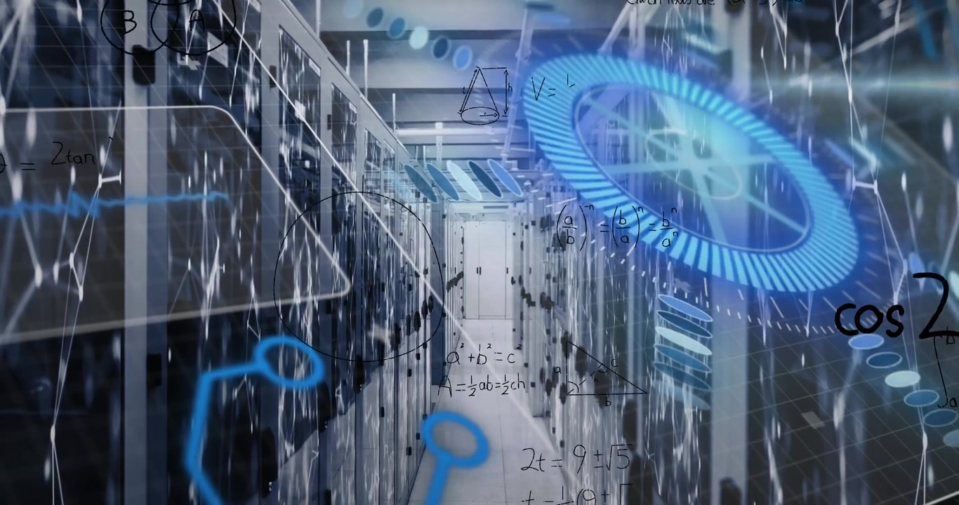 Animation of mathematical equations over round scanner and data processing against server room
