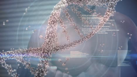 Animation-Eines-DNA-Strangs,-Der-Sich-über-Die-Datenverarbeitung-Dreht-Und-Einen-Starken-Mann-Ausübt