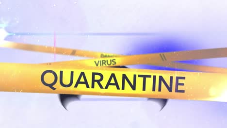 animation of quarantine covid 19 text on yellow tapes over bat