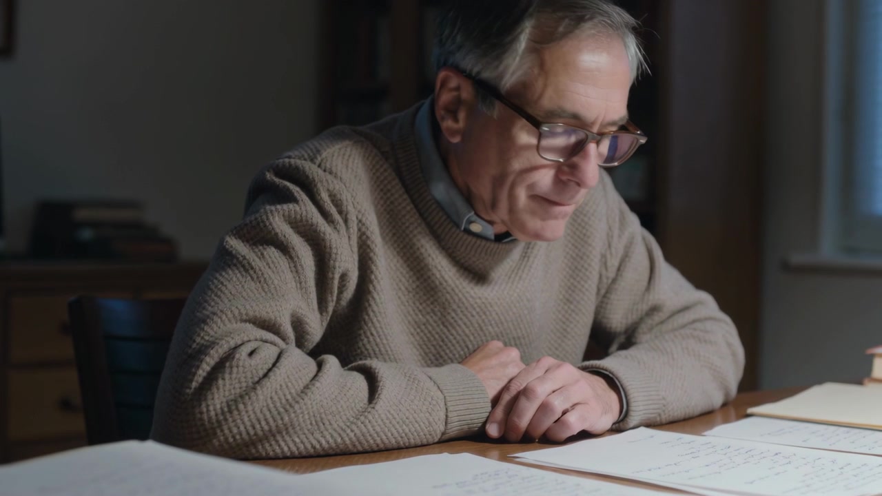 Leaning senior man scanning documents spread at home desk, reviewing paperwork with eyeglasses