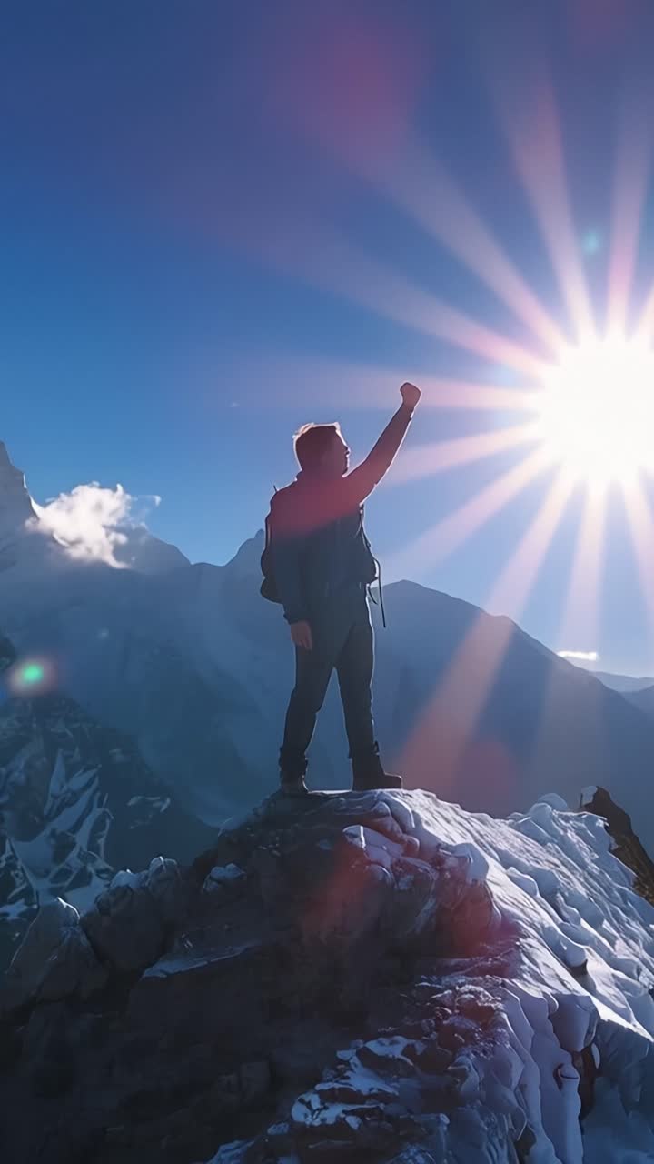 Una figura in silhouette si erge su una cima innevata. Un'esplosione di sole splende dietro, proiettando raggi radiosi. Una catena montuosa si estende sotto un cielo azzurro e limpido. La figura alza un braccio in un gesto trionfante.