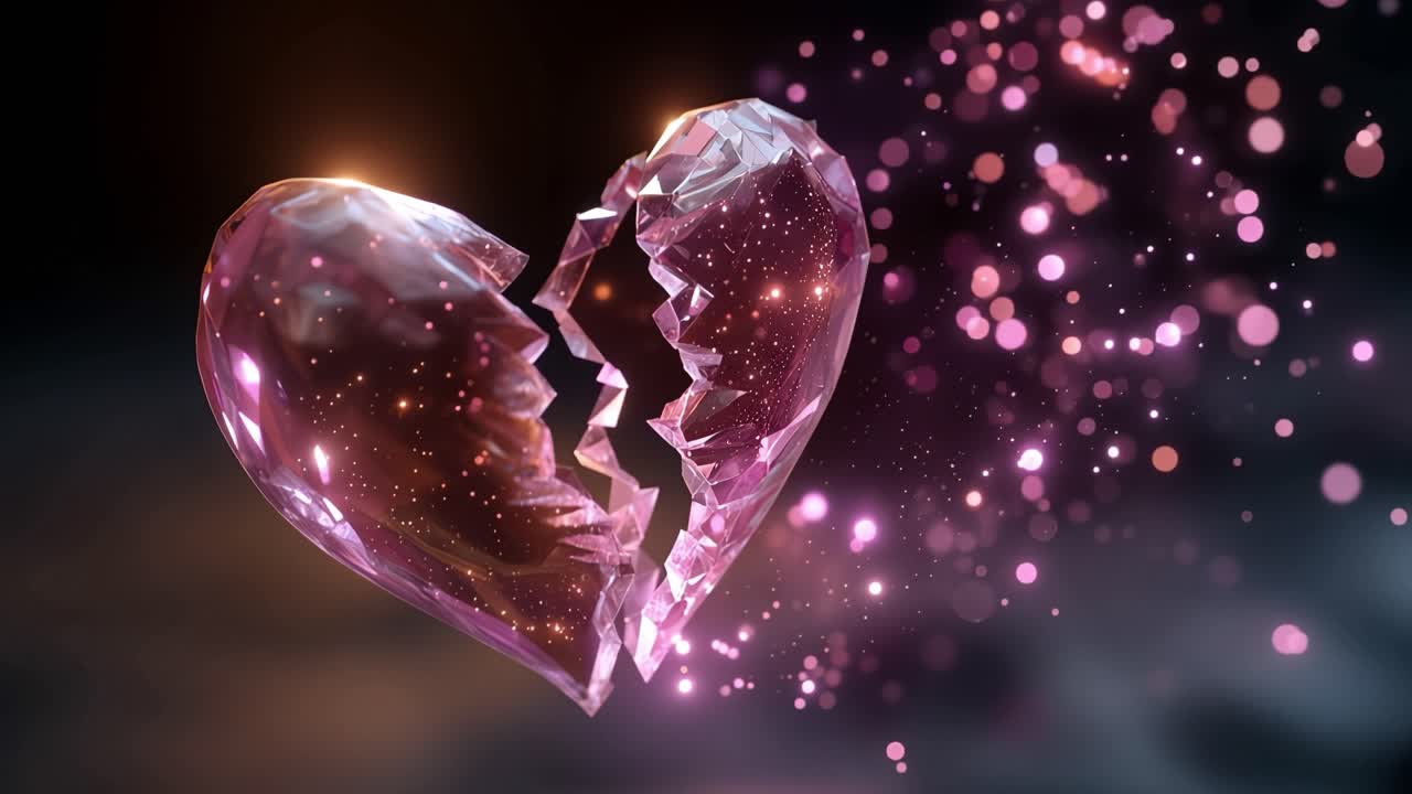 Un cuore luminoso si frantuma in schegge scintillanti. Una luce rosa tenue si irradia dalla rottura. I frammenti fluttuano attraverso lo spazio buio e luminoso. Emozioni di perdita e dolore persistono nell'aria.