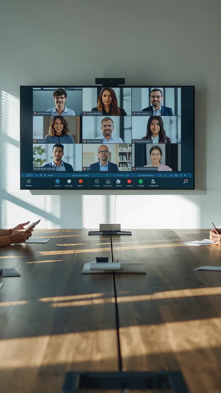 Vertical video: Showing 9-person grid in meeting room at call start, team in suits writing notes