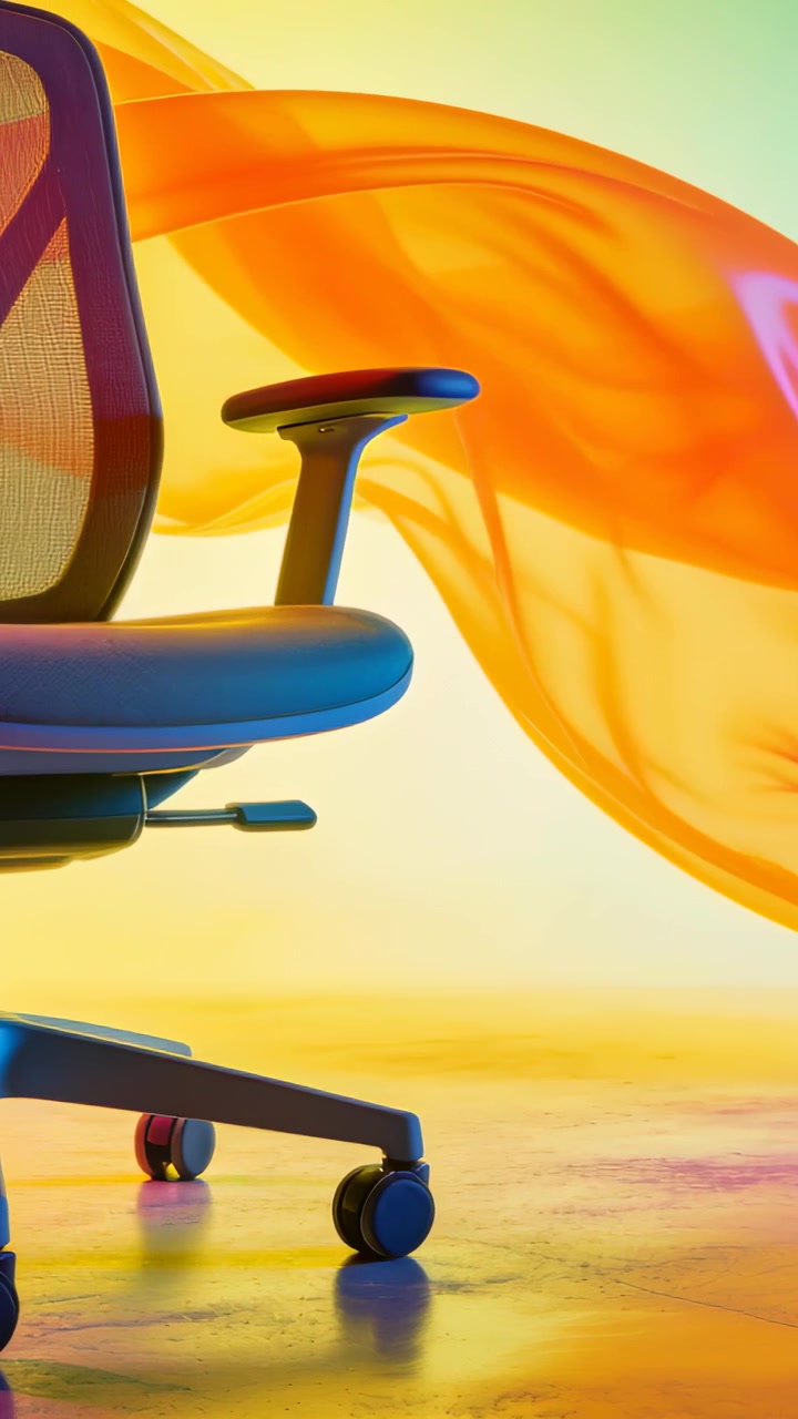 Vidéo verticale : Un ventilateur hors champ souffle un tissu orange dans un studio, encadrant une chaise en maille pour une publicité.