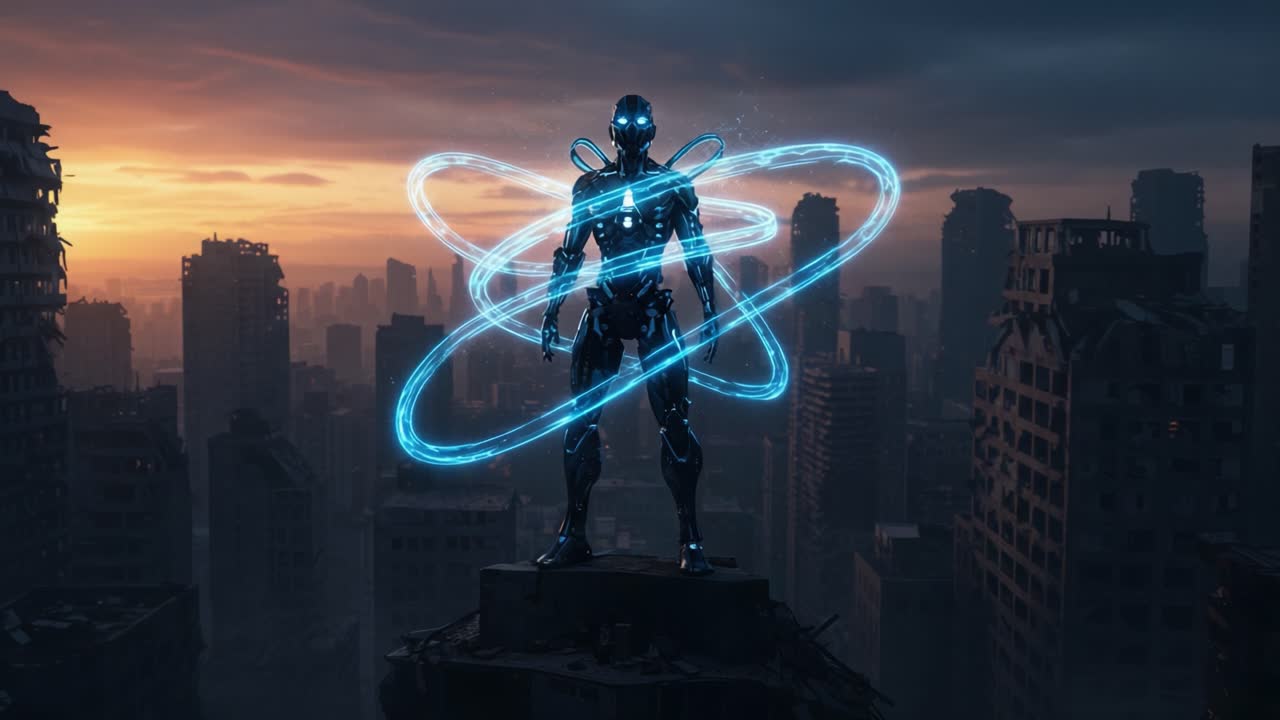A futuristic robotic figure stands triumphantly on a crumbling cityscape, surrounded by swirling energy, symbolizing resilience and advanced technology amidst urban decay