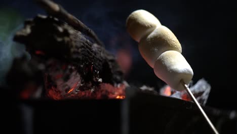 marshmallows roasting on fire at night