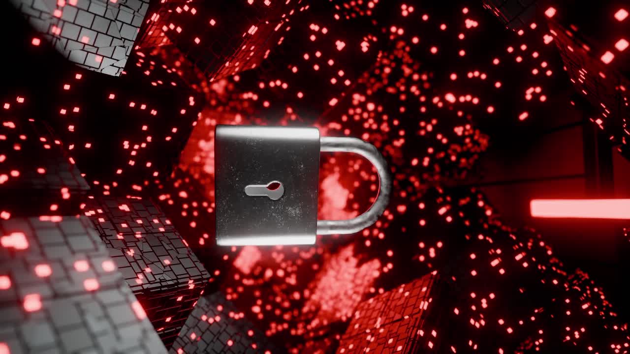 padlock floating among glowing digital cubes and red data grid blocks. 3D rendering. Cybersecurity and data protection concept. Design for banner, poster, wallpaper, and header. vertical