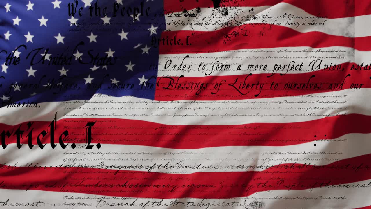 Animation of american constitution text over waving american flag