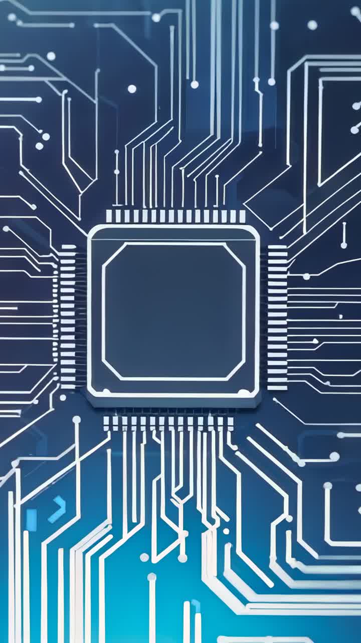 Vertical video: Expanding traces on CPU chip initiating pulsing in blue board, with highlights
