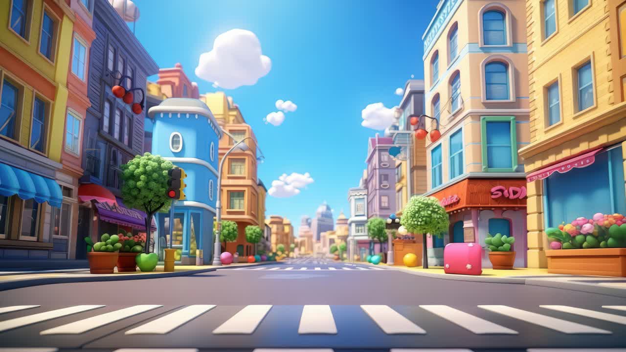 Vibrant, cartoon-style city street scene with a wide-angle view