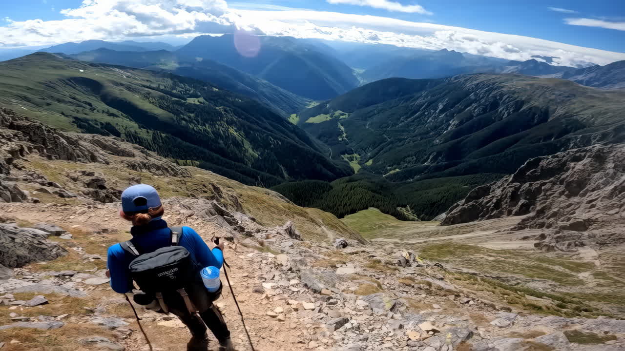 Hiker descending a steep mountain path overlooking a vast valley