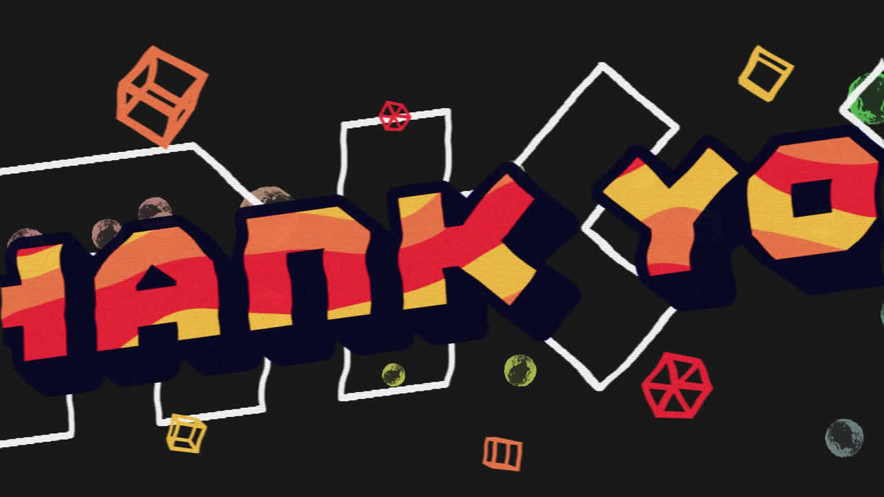 비누 은행과 기하학적 모양 위에 감사 텍스트의 애니메이션