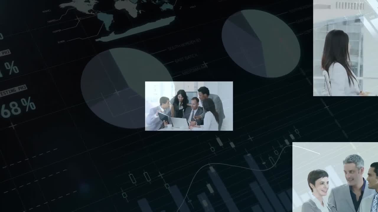 Animation of statistics and data processing over business people in meeting