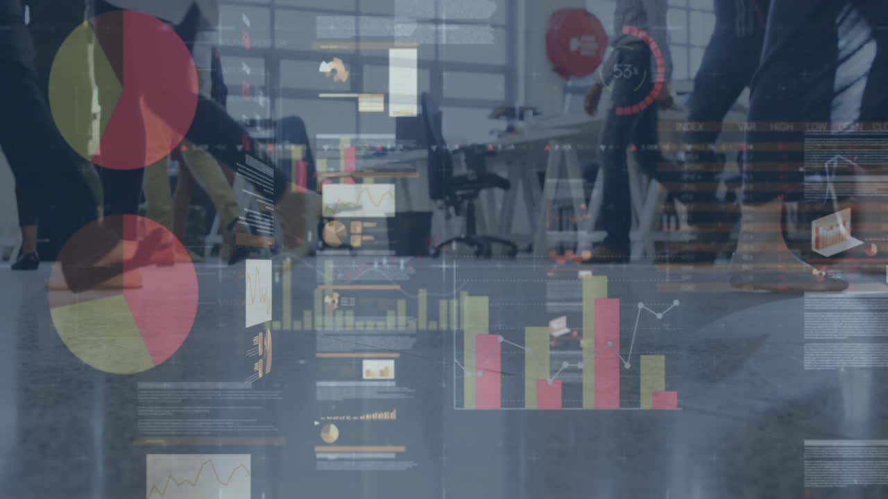 Animation of financial data processing over business people walking in office