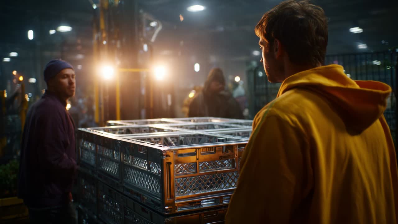 In a bustling warehouse, two workers engage in a poignant conversation amidst stacks of crates under the warm glow of overhead lights, each reflecting on their day's labor and experiences