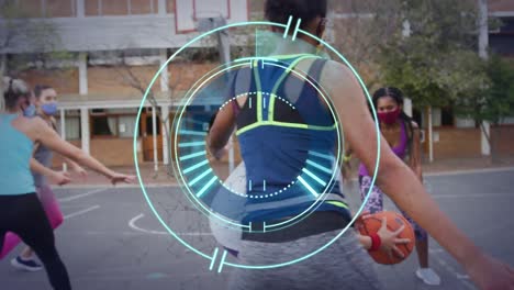 animación del círculo de procesamiento sobre diversas personas jugando al baloncesto