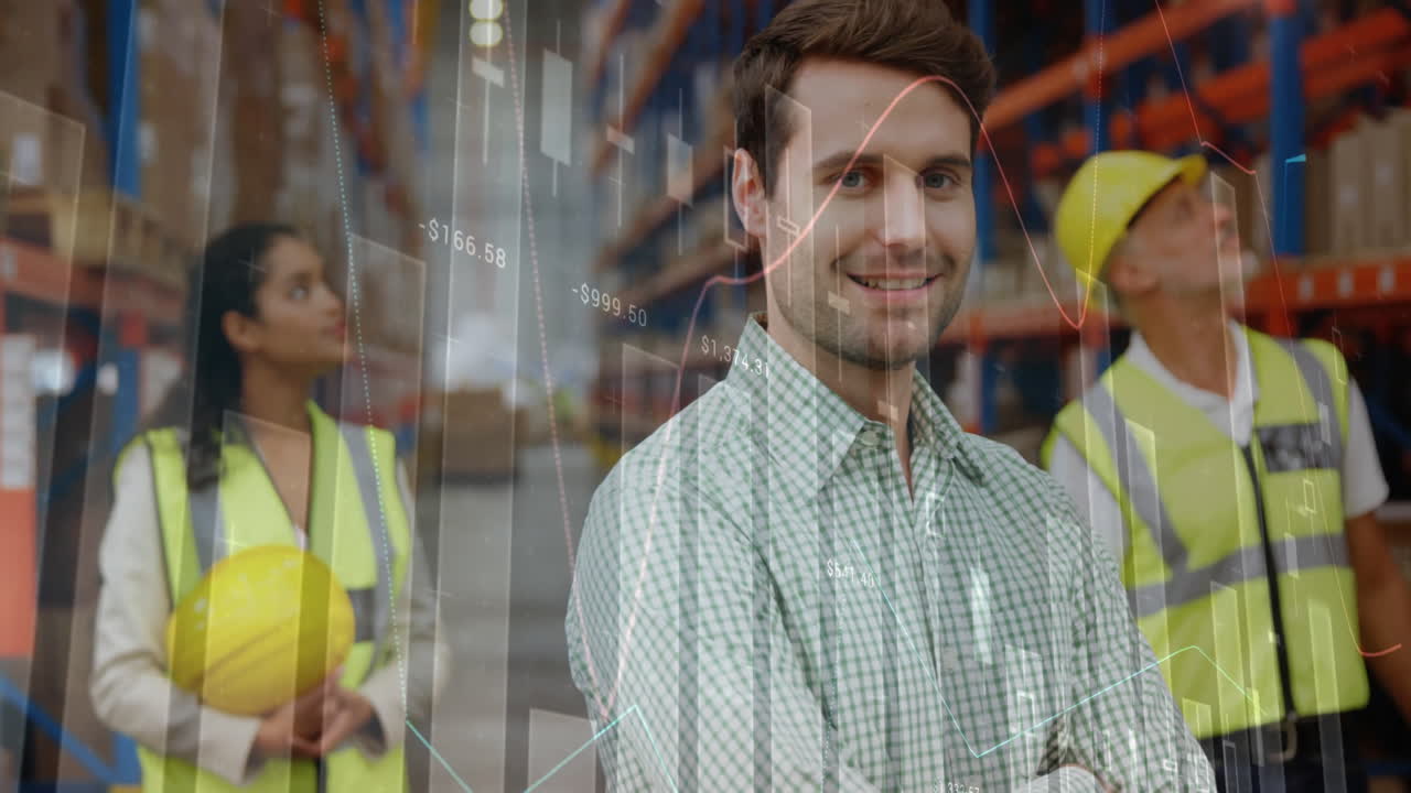 animación del procesamiento de datos financieros y diversos trabajadores en el almacén