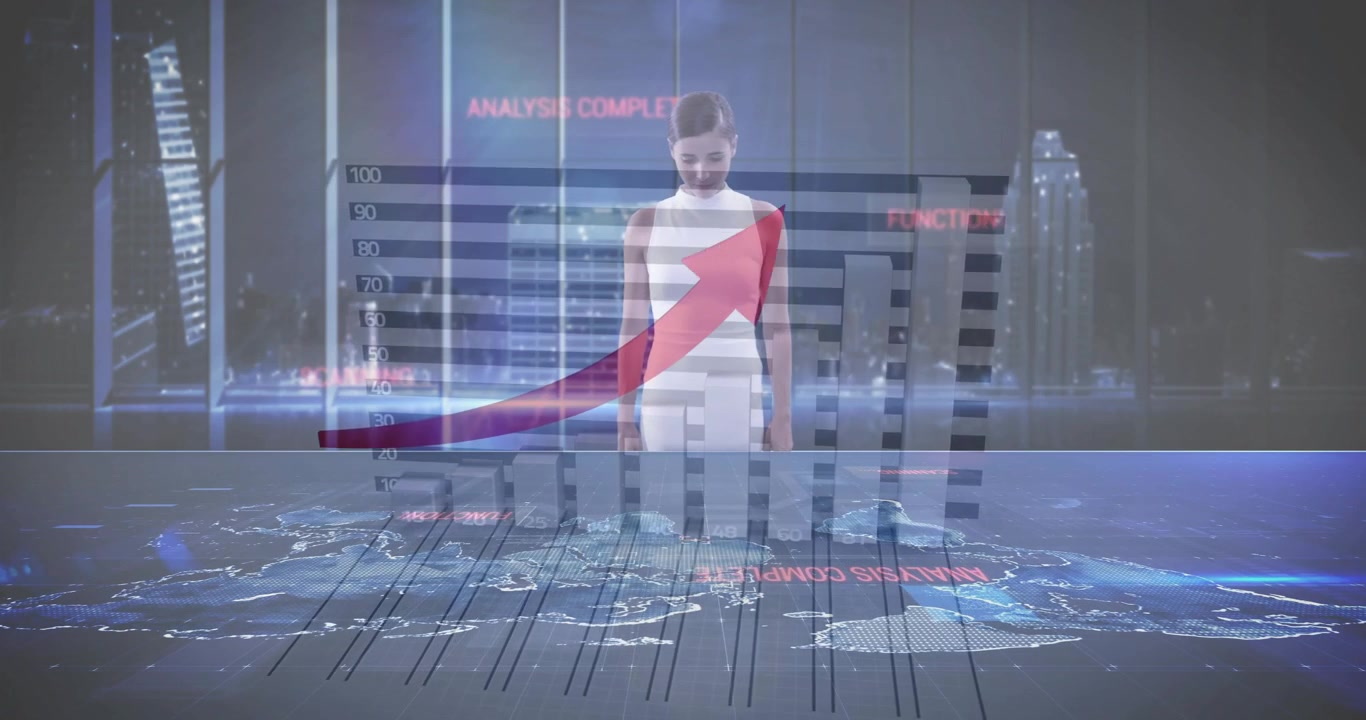 3D 그래프와 세계 지도 오버레이로 데이터를 분석하는 여성 사업가