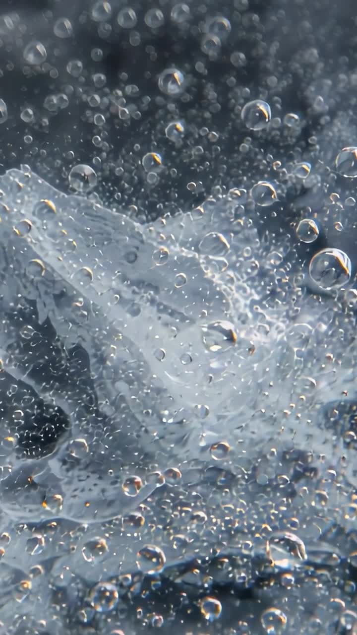 Video verticale: Luce mutevole che provoca increspature nella pellicola e piccole bolle che salgono in un bicchiere.