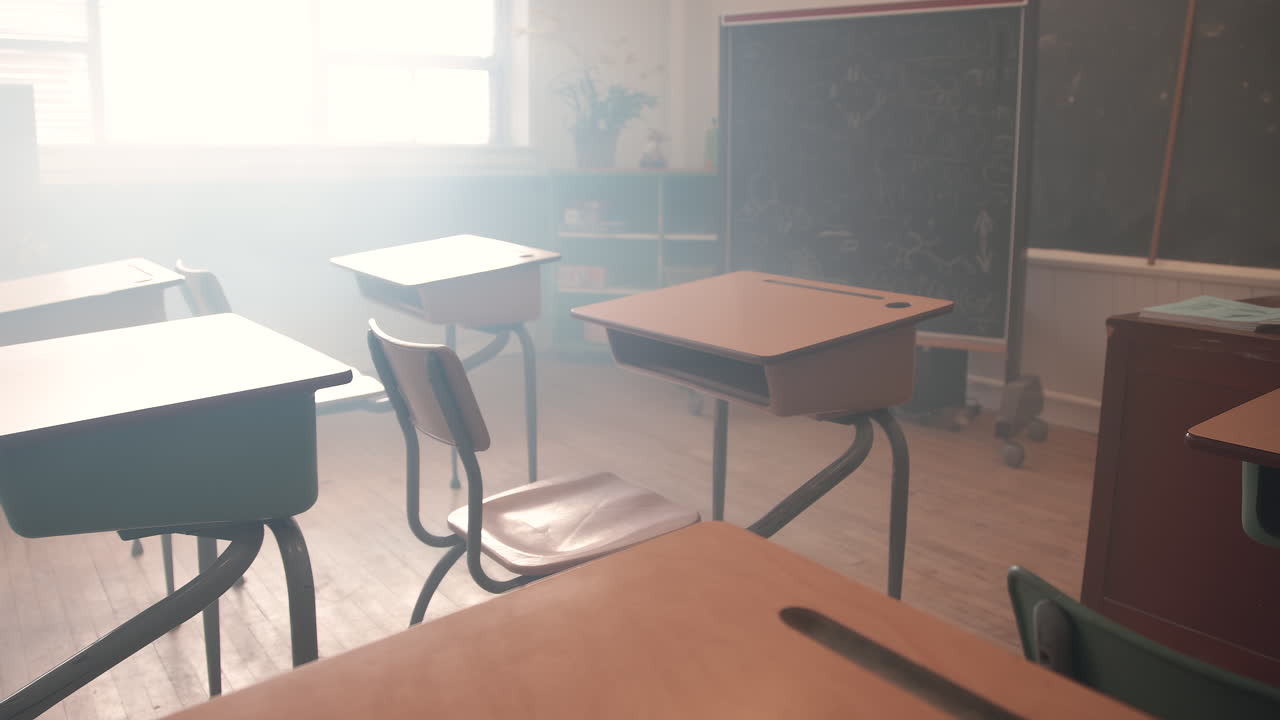 Panning shot to reveal desk in classroom empty