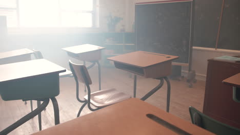 panning shot to reveal desk in classroom empty