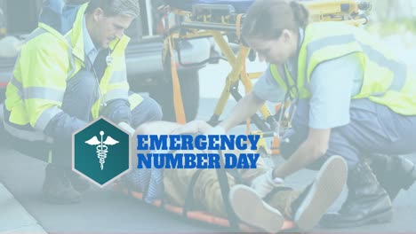 animation of emergency number day over diverse paramedics with patient and ambulance