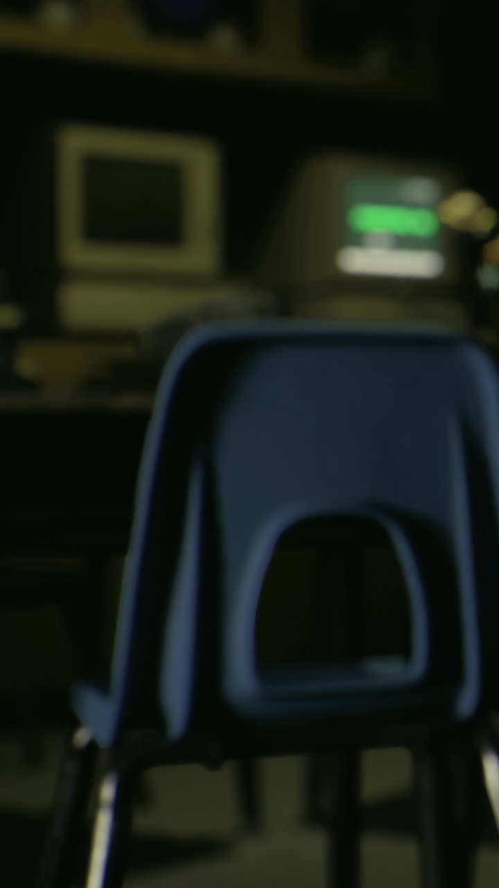 Computer workstation with empty chair and screens set in dark room