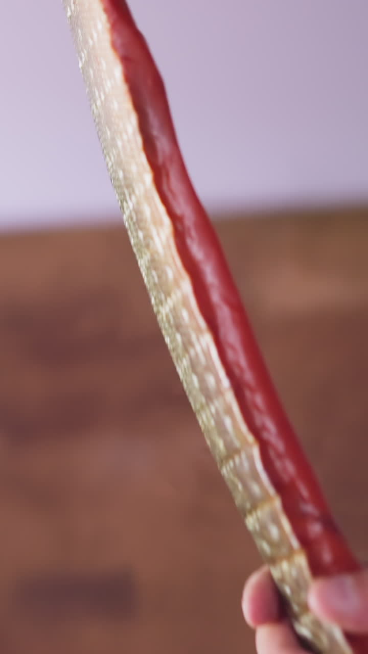Person hand raises up and taps sidewall of delicious cool smoked red fish chum salmon on wooden cutting board put on table closeup slow motion