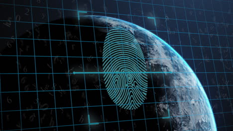 animation of biometric fingerprint and scope scanning over globe