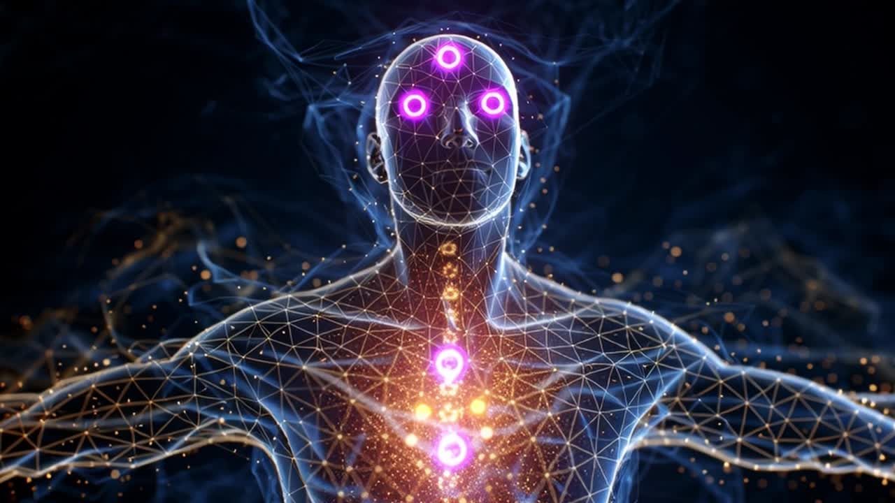 A Stunning Visualization of the Energy Flow within the Human Body, Depicting a Mystical Being Illuminated by Colorful Energy Patterns and Vibrant Light Representing the Essence of Life