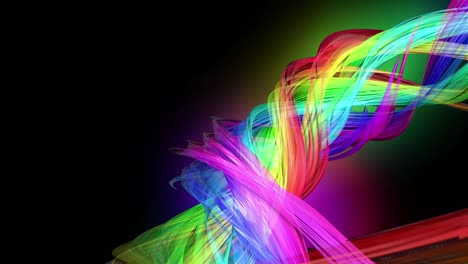 4k colorful looped animation of a rainbow colors tape with neon light moving in a circle as abstract background with lines and ribbons. luma matte is included as alpha channel for compositing. 53