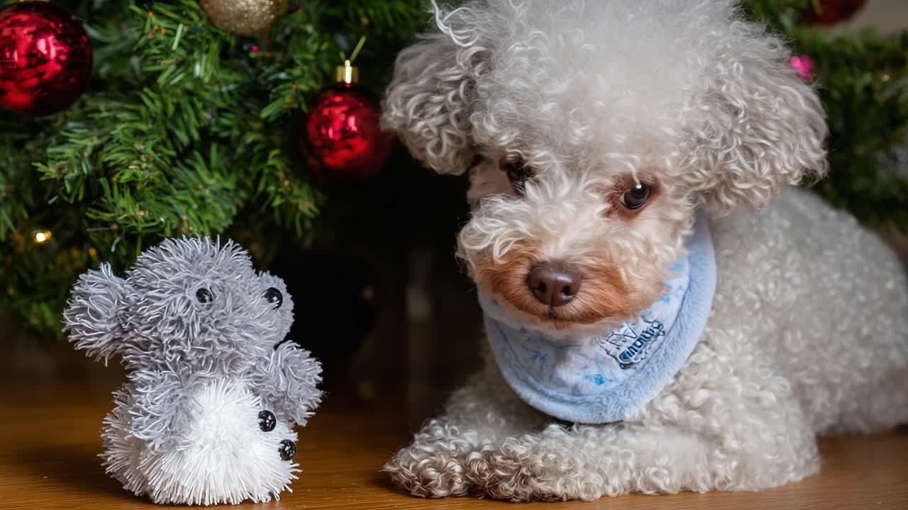 Adorable White Dog Interacts with Plush Toy Under Sparkling Christmas Tree, Capturing a Heartwarming Holiday Moment in a Cozy Home Setting