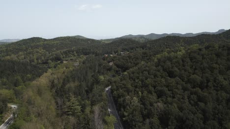 high angle view of a white van driving along a winding mountain road surrounded by a lush green forest, showcasing the beauty of nature and the tranquility of the scene