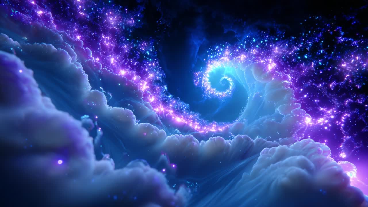 A mesmerizing cosmic spiral of vibrant colors and swirling clouds, depicting a stunning celestial scene that draws the viewer into an enchanting universe filled with sparkling stars and ethereal beauty