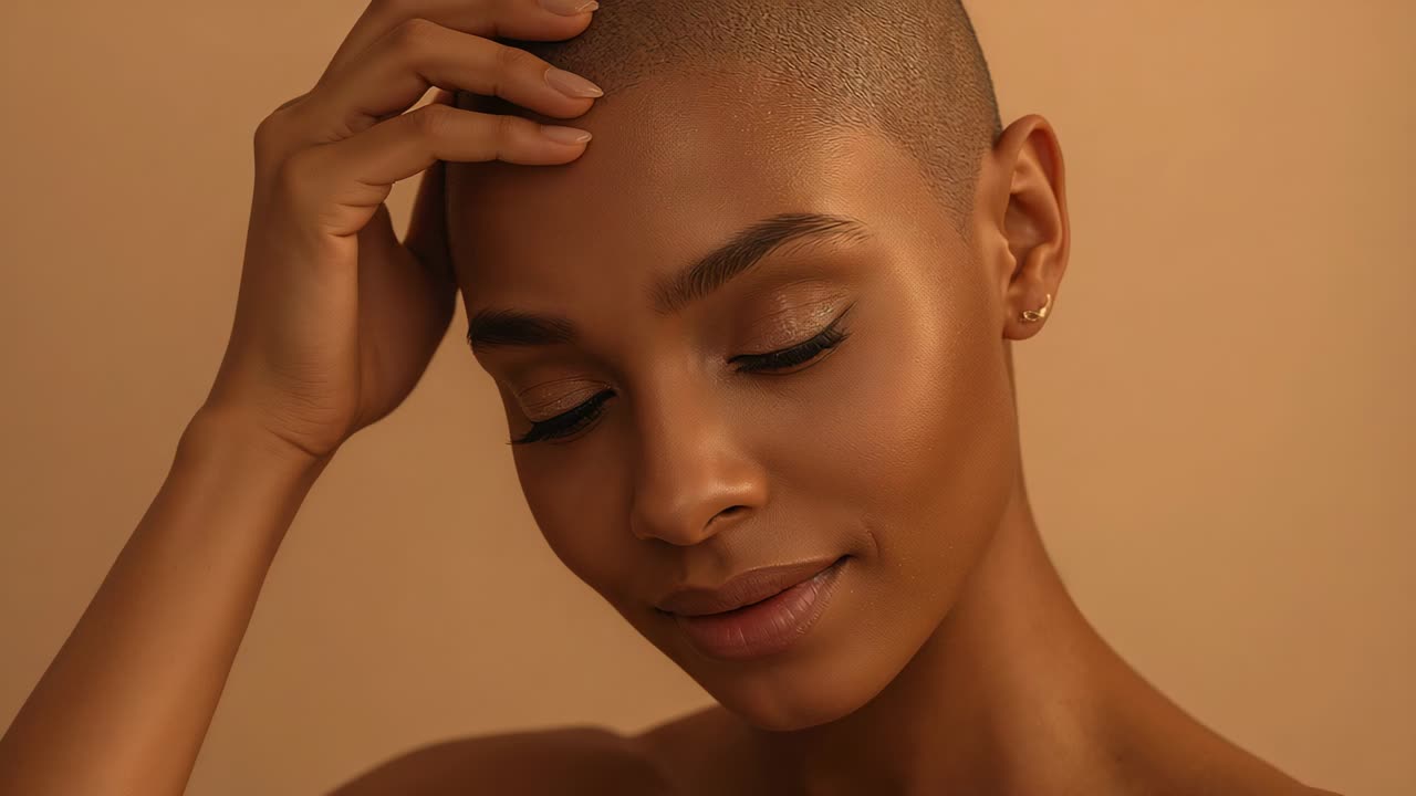 Ouvrant les yeux, le modèle porte sa main à son oreille en studio pour un portrait, portant une boucle d’oreille à clou, les épaules nues