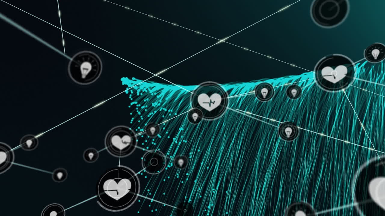 Animation of network of connections with digital heart icons over green light trails