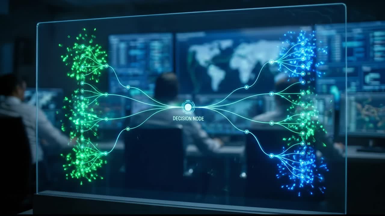 Futuristic Decision Node Data Visualization in a High-Tech Control Room