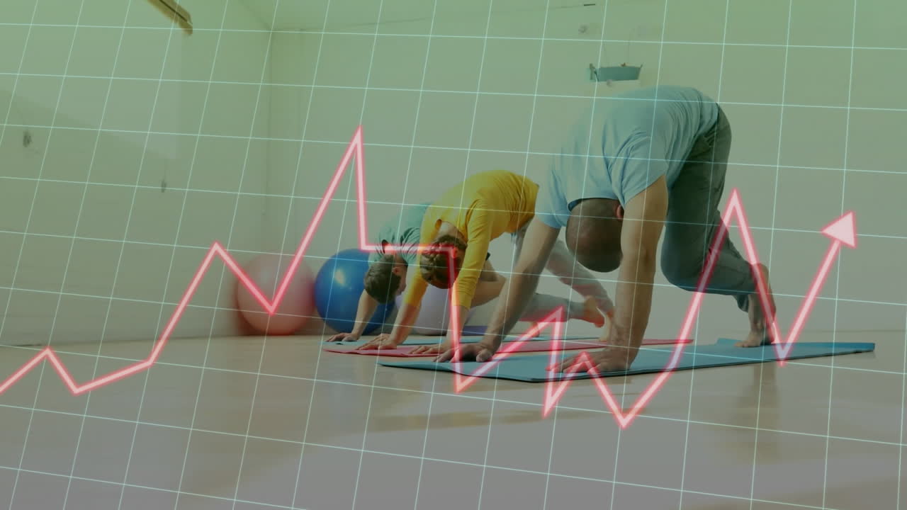 Three fitness partners doing mountain climbers in studio, featuring neon-pink graph and green grid