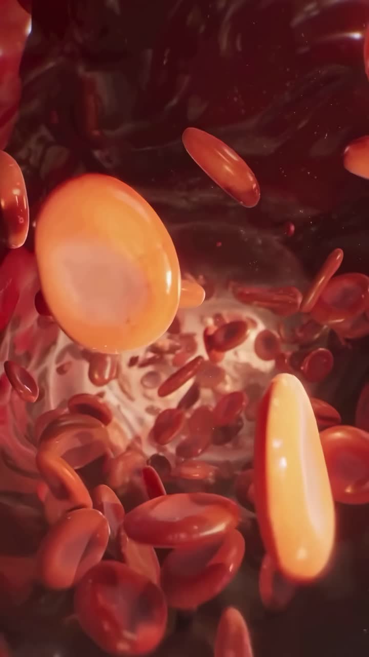 Vídeo em close-up de glóbulos vermelhos fluindo dinamicamente, capturado de um ângulo macro.