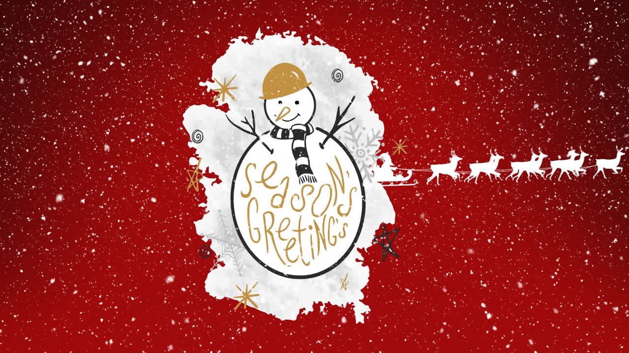 새해 축하 문장과 사이 끌고 다니는 매에서 산타클로스가 떨어지는 눈의 애니메이션