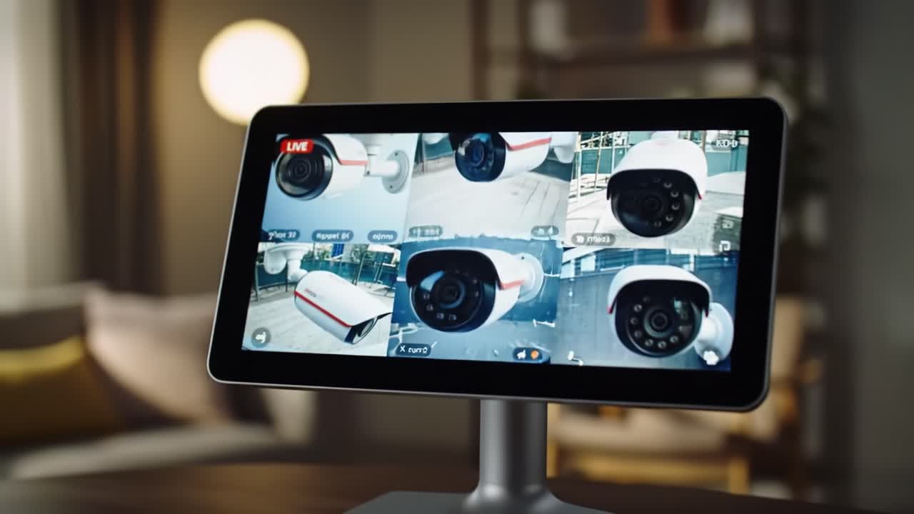 Displays a home security monitoring system showing live feeds from multiple cameras. Each camera offers a clear view of different locations around the property. Ideal for keeping homes safe.