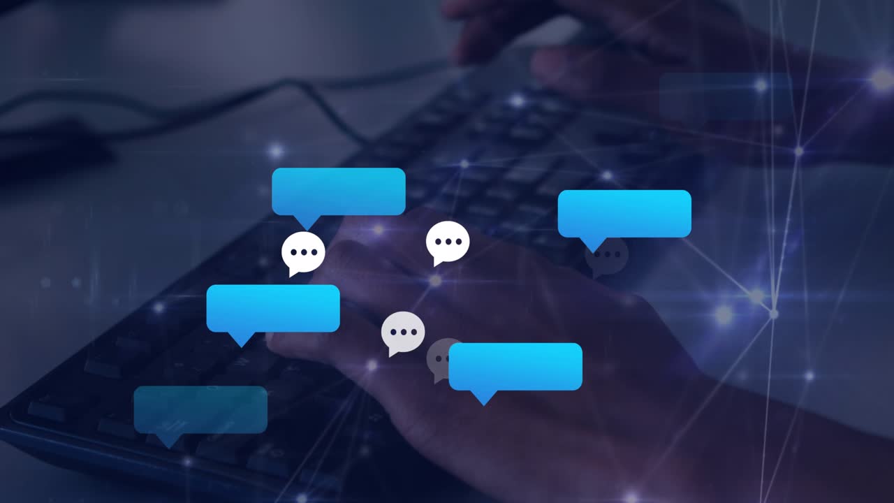 Una persona digita su una tastiera davanti a uno sfondo astratto e luminoso di linee interconnesse