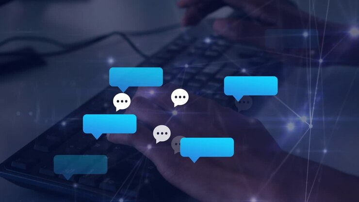 Una persona digita su una tastiera davanti a uno sfondo astratto e luminoso di linee interconnesse