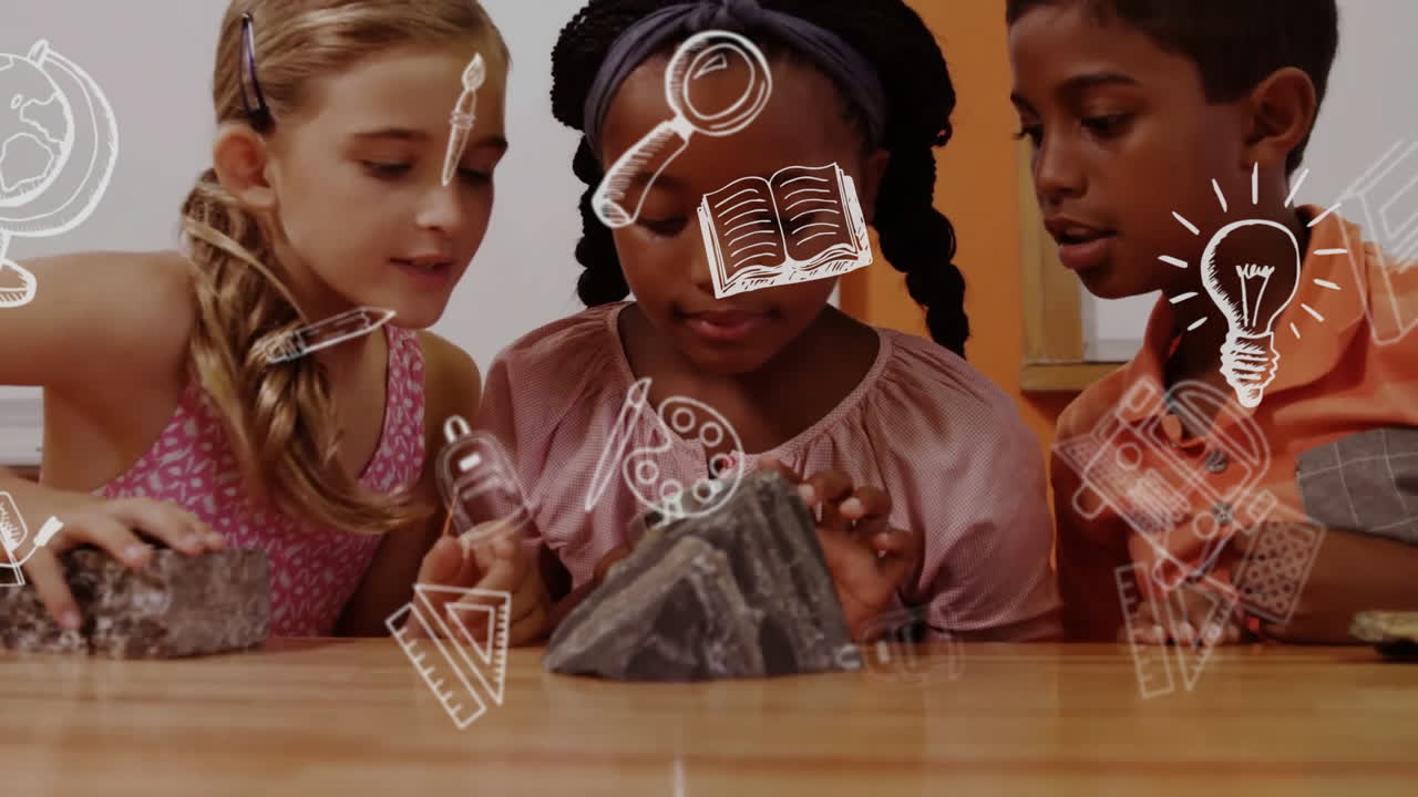 Animation of education school icons over diverse school children in classroom