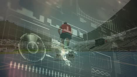 Animation-of-interface-with-data-processing-over-rear-view-of-male-athlete-running-on-sports-field