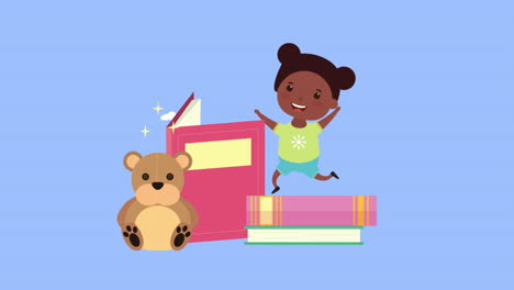 niña afro con personaje de libro y juguetes