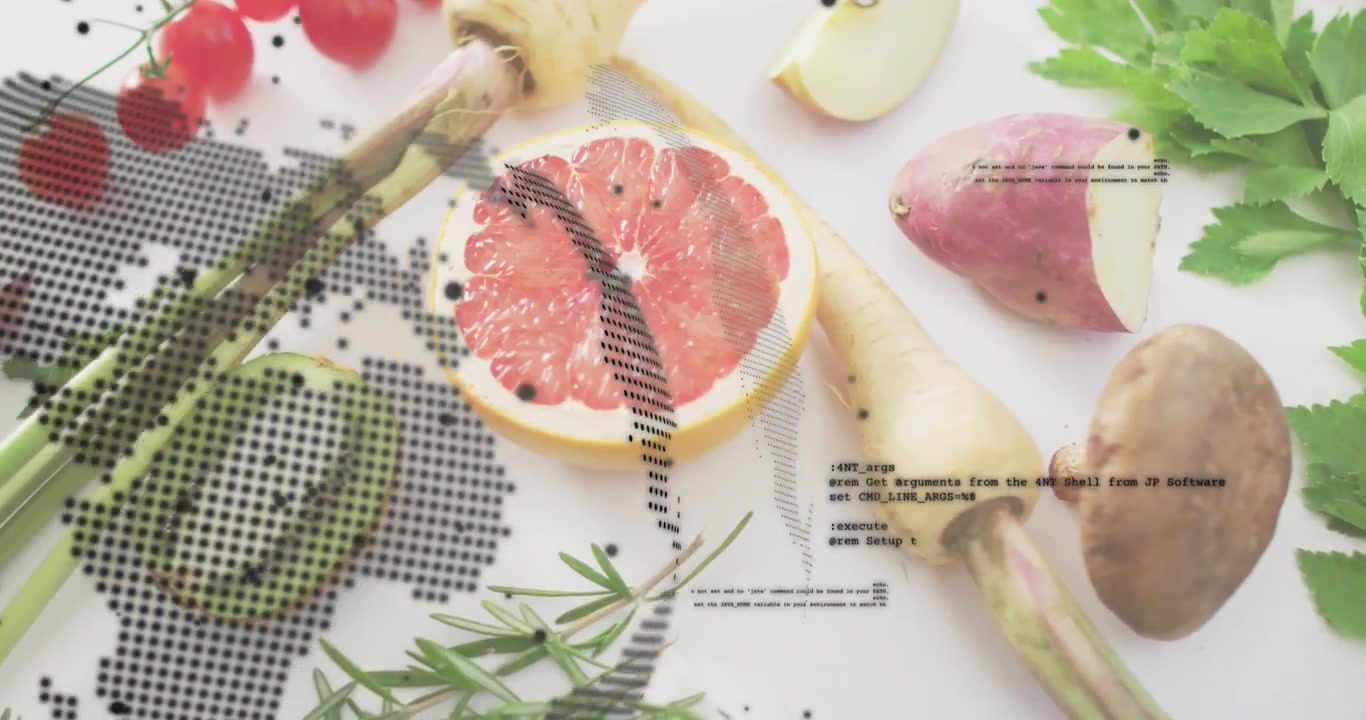 Dotted world map emerging from left overlaying produce, rotating while code text scrolling fading