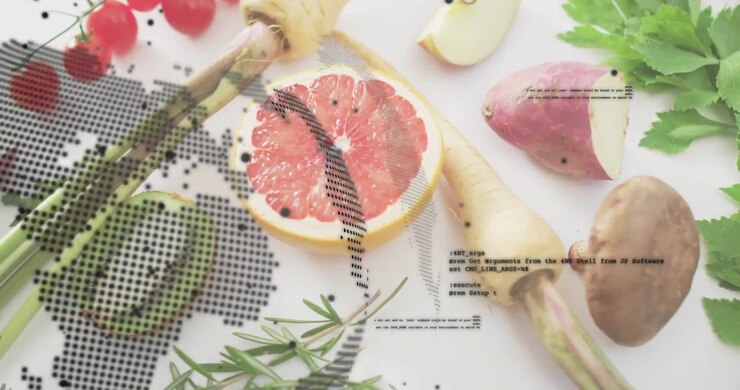 Dotted world map emerging from left overlaying produce, rotating while code text scrolling fading