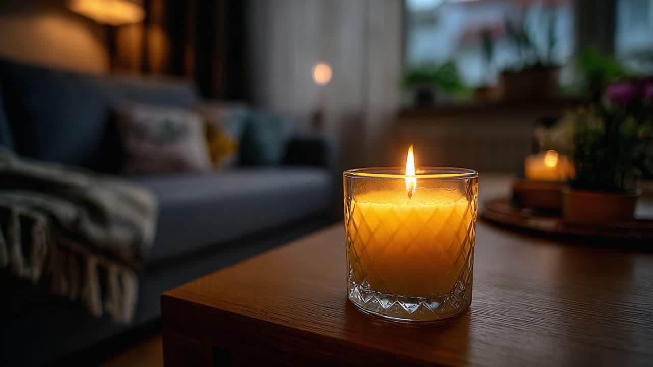 Útulná atmosféra obývacího pokoje s hořící svíčkou, která vytváří teplo a pohodlí, doplněná stylovou pohovkou a relaxačními dekoračními prvky v klidném prostředí.